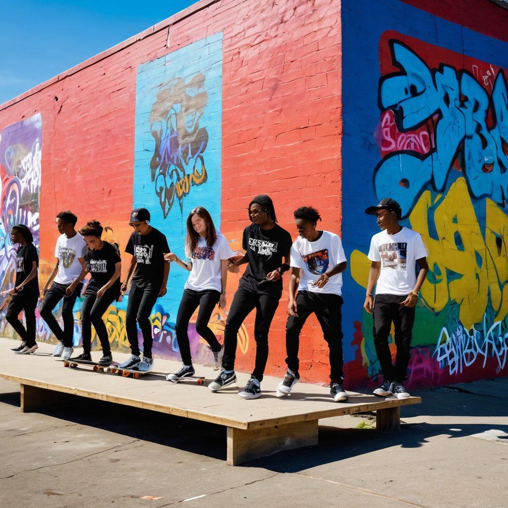 A lively scene showcasing a diverse group of teenagers enjoying various activities, such as skateboarding, dancing, and collaborating on art projects in an urban park. Colorful graffiti adorns the surrounding walls, reflecting contemporary youth culture and trends. The atmosphere is filled with energy and camaraderie, emphasizing joy and freedom. Include elements like fashion, music instruments, and tech gadgets to highlight modern interests. vibrant colors. super-realistic. energetic composition.