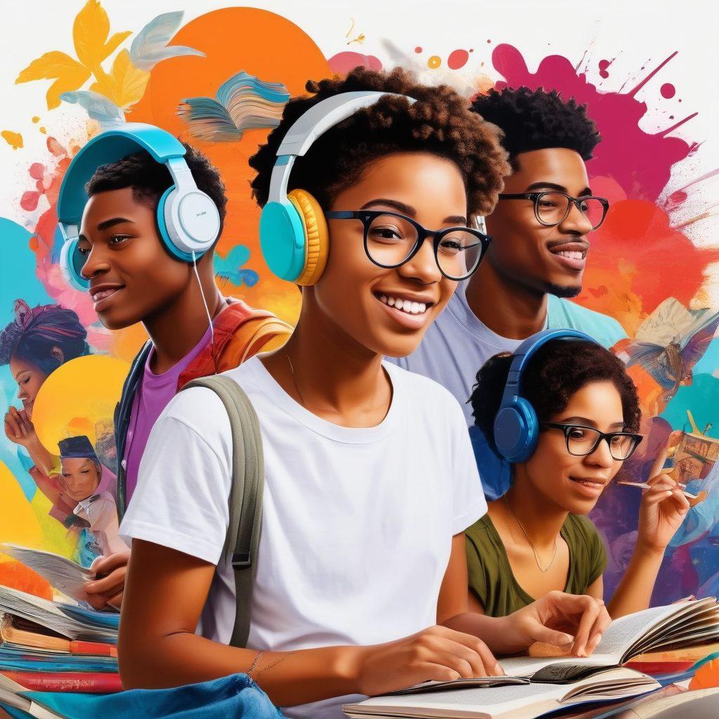A vibrant collage depicting diverse young adults engaging in various leisure activities such as reading graphic novels, playing video games, attending outdoor concerts, and crafting. Include elements like colorful headphones, books, and art supplies surrounding them, showcasing a sense of connection and creativity. The background should be a fun, abstract blend of colors representing youth culture. super-realistic. vibrant colors. white background.