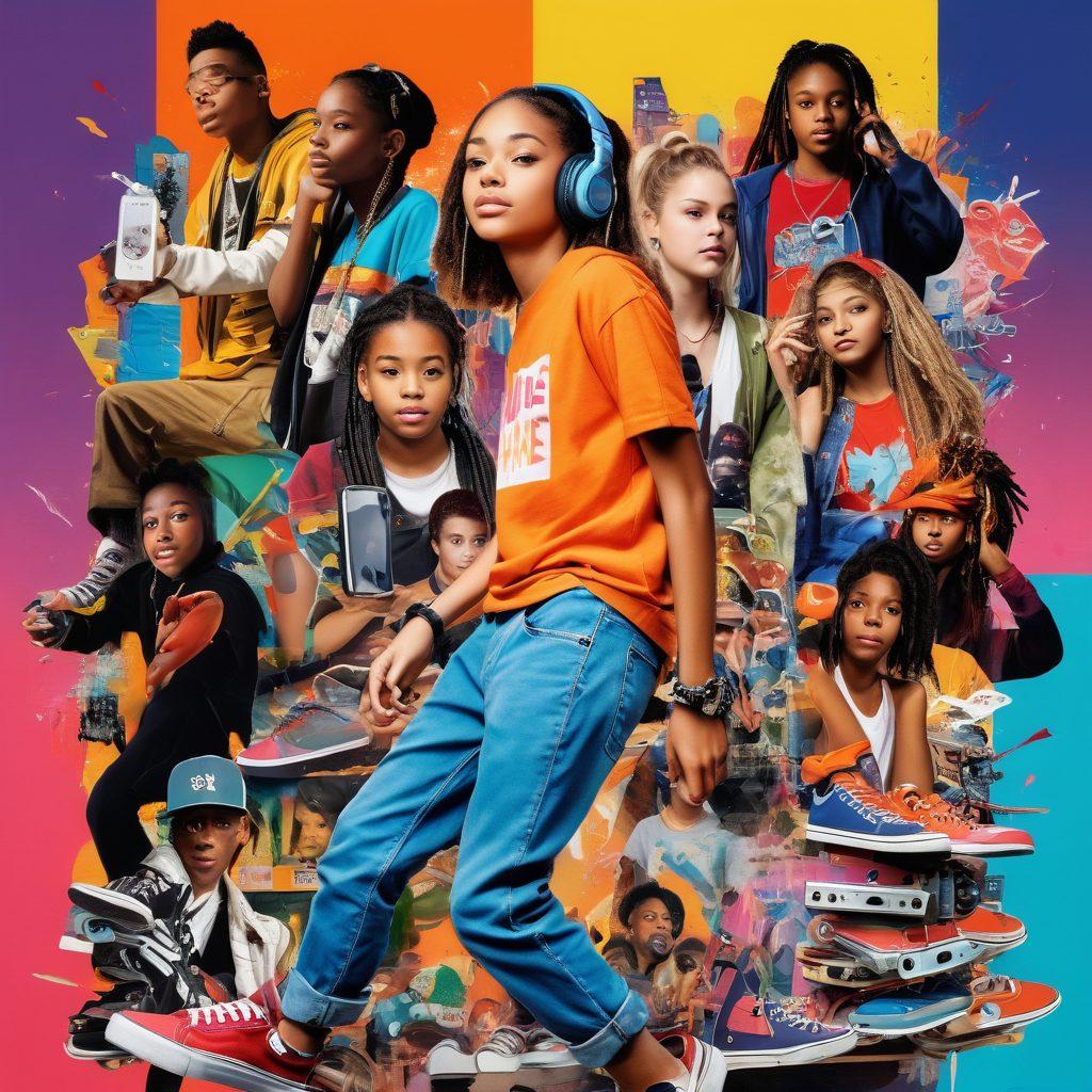 A vibrant collage of various forms of adolescent entertainment, such as video games, social media, movies, and music concerts, intermingled with diverse youth characters engaged in these activities. The background should include elements representing today's youth culture like smartphones, skateboards, and colorful graffiti. The overall composition should convey energy, excitement, and the dynamic nature of youth culture. bright colors. urban style. mixed media.